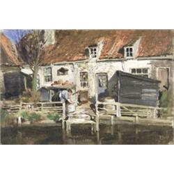 Mathias J. Alten (American 1871-1938), Washerwoman Beside a Cottage, Signed M. Alten and loca...