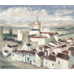 Max Kuehne (American 1880-1968), European Village with White Tower, Signed with artist 's est...