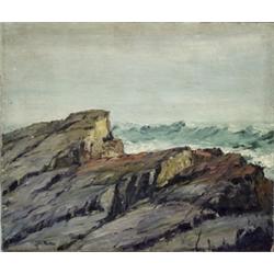 Max Kuehne (American 1880-1968), Rocky Coastline, Signed with estate stamp Kuehne l.l., Oil...