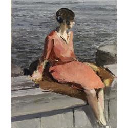 Edmund Quincy (American 1903-1997), Lady in Pink on a Dock, Unsigned; also with estate stamp...