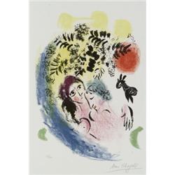 Marc Chagall (Russian-French 1887-1985), Lovers with Red Sun (Mourlot 285), Lithograph in col...