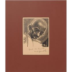Mohandas Gandhi Signed Woodcut Engraving