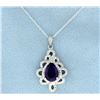 Image 1 : Amethyst and Diamond Sterling Pendant with Chain