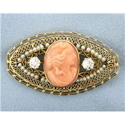 Antique Diamond & Pink Coral Cameo Pin