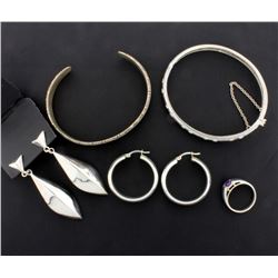 5 piece Sterling Silver Suite of one Ring, two Earrings, Bangle bracelet and Cuff