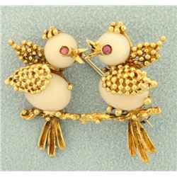 Italian Made 18K Coral and Ruby Bird Pin