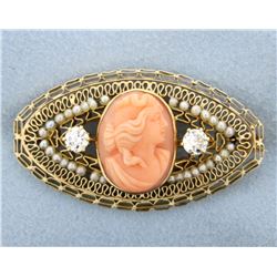 Antique Diamond & Pink Coral Cameo Pin