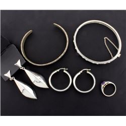 5 piece Sterling Silver Suite of one Ring, two Earrings, Bangle bracelet and Cuff