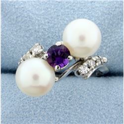 Diamond, Amethyst, and Pearl Ring in White Gold