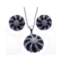 Sterling Silver Rhodium Plated Round Black & Clear CZ Earring & Necklace Set sts00212