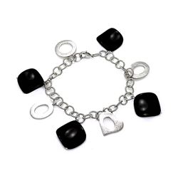Brass Rhodium Plated Black Onyx Open Heart Charm Bracelet bbb00002
