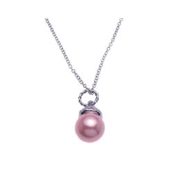 Sterling Silver Rhodium Plated Clear CZ & Pink Pearl Pendant Necklace - STP00939