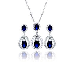 Sterling Silver Rhodium Plated Blue & Clear Teardrop CZ Hanging Stud Earring & Necklace Set bgs00171
