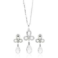 Sterling Silver Rhodium Plated Clear Ribbon CZ Hanging Stud Earring & Necklace Set bgs00211