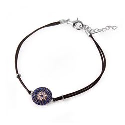 Sterling Silver Blue CZ Evil Eye Leather Strap Bracelet BGB00160