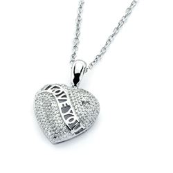 Sterling Silver Rhodium Plated Clear CZ I Love You Heart Pendant Necklace bgp00823