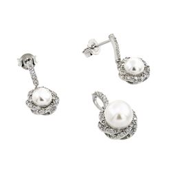 Sterling Silver Rhodium Plated Twist Desing CZ Center Pearl Dangling Stud Earring & Necklace Set sts