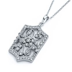 Sterling Silver Rhodium Plated Flower Filigree CZ Necklace bgp00812
