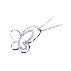Sterling Silver Clear CZ Rhodium Plated Butterfly Pendant Necklace bgp00044