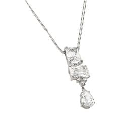 Sterling Silver Rhodium Plated Clear CZ Rectangular and Drop Shape Pendant Necklace BGP00924