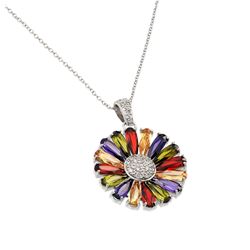 Sterling Silver Rhodium Plated Multicolor Teardrop Flower CZ Necklace BGP00715
