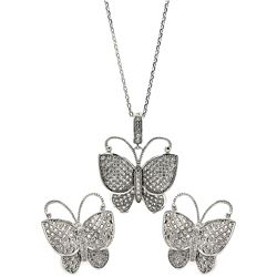Sterling Silver Rhodium Plated Micro Pave Clear Butterfly CZ Stud Earring & Necklace Set bgs00257