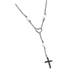 Sterling Silver Rhodium Plated Open Heart with Black CZ Stones and Pearls Pendant Necklace bgp00887