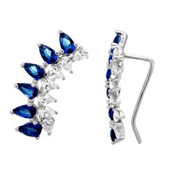 Sterling Silver Rhodium Plated Pear Shape Clear and Blue CZ Climbing Earrings - GME00059RH-SAPP