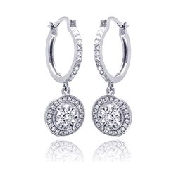 Sterling Silver Rhodium Plated Micro Pave Clear Round CZ Wire Dangling Hoop Earring ace00059