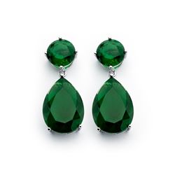 Sterling Silver Rhodium Plated Round Teardrop Green CZ Dangling Earring bge00858green