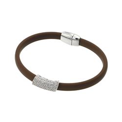 Sterling Silver Rhodium Plated Clear Micro Pave CZ Brown Rubber Bracelet ECB013RH