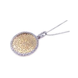 Sterling Silver Gold & Rhodium Plated Clear CZ Round Circle Pendant Necklace stp00646