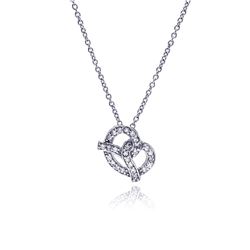Sterling Silver Clear CZ Rhodium Plated Pretzel Pendant Necklace stp00292