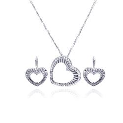 Sterling Silver Rhodium Plated Open Heart CZ Hoop Earring & Necklace Set sts00106