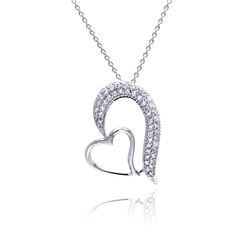 Sterling Silver Clear CZ Rhodium Plated Fancy Hearts Pendant Necklace stp00256