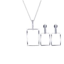 Sterling Silver Rhodium Plated Open Square CZ Dangling Stud Earring & Necklace Set sts00357