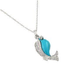 Sterling Silver Rhodium Plated Clear CZ Stone Turquoise Blue Whale Pendant Necklace - BGP00855tq