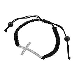 Sterling Silver Rhodium Plated Sideways Cross CZ Black Braided Cord Bracelet bgb00179
