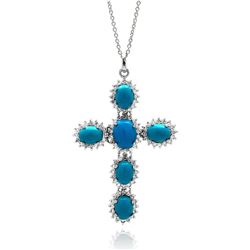 Rhodium Plated Brass Oval Turquoise Cross Clear CZ Pendant Necklace bbp00121