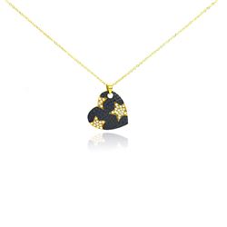 Sterling Silver Gold Plated & Matte Black Rhodium Finish Clear CZ Star Heart Pendant Necklace stp009