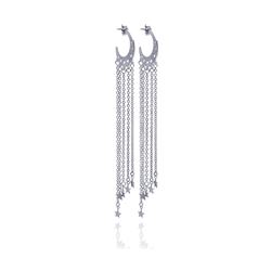 Sterling Silver Rhodium Plated Heart Cut out Moon Shape Wire Dangling Star Earring ste00055