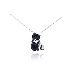 Sterling Silver Rhodium Plated Clear CZ Black Kitty Pendant Necklace stp00969
