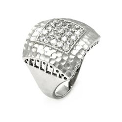 Rhodium Plated Brass Matte Finish Square Textured Clear CZ Dome Ring bbr00016