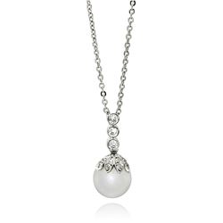 Rhodium Plated Brass Pearl Drop Clear CZ Pendant Necklace bbp00167