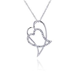Sterling Silver Clear CZ Rhodium Plated Double Heart Pendant Necklace bgp00047