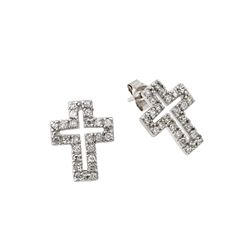 Sterling Silver Rhodium Plated Cross Clear CZ Inlay Stud Earring ste00023