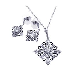 Sterling Silver Rhodium & Black Rhodium Plated Diamond Shape Cross Clear CZ Dangling Stud Earring & 