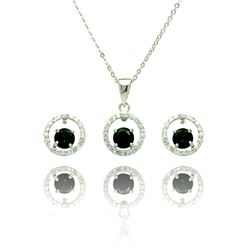Sterling Silver Rhodium Plated Clear & Green Round Open Circle CZ Stud Earring & Dangling Necklace S