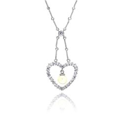 Sterling Silver Clear CZ Rhodium Plated Pearl Heart Pendant Necklace bgp00026