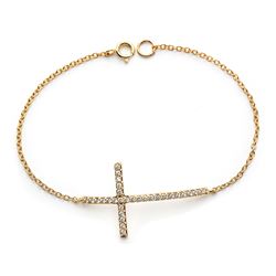 Sterling Silver Gold Plated Sideways Cross Clear CZ Inlay Bracelet bgb00148